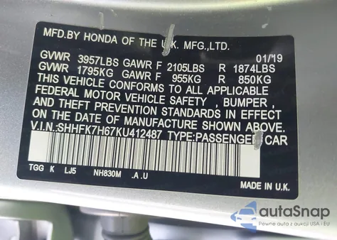 2019 Honda Civic Ex from USA, damaged, VIN SHHFK7H67KU412487